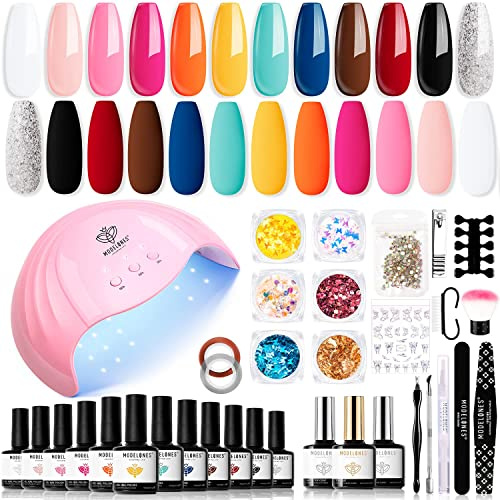 Modelones Gel Nail Kit - 12 Colors White Pink Gel Nail Polish Kit with 48W Lamp Starter Kit, Glossy & Matte Top and Base Coat, Manicure Tools for Beginner DIY at Home