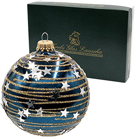 Dekohelden24 Lauschaer Christbaumschmuck - 6er Set Glaskugeln in Kobaltblau, mundgeblasen und handdekoriert mit Sternenhimmel in Gold und Silber, mit Goldkrönchen, Größe Ø ca. 8 cm
