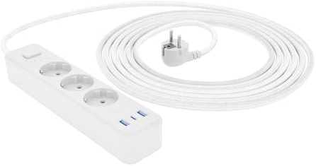Amazon Basics Rectángulo Regleta de 3 enchufes con protección contra subidas de tensión, 1 USB-C (20W), 2 USB-A (12W), 1050 J, Cable Trenzado, 1,5 m de Largo, Blanco