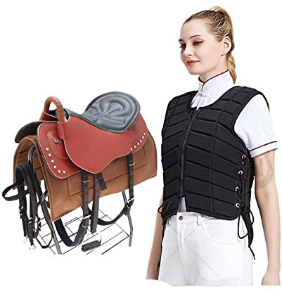 Reitsattel Set Rückenprotektor Reittraining Weste Rückenprotektor Reiten mit Sportpolsterung gepolstert für Kinder und Erwachsene Ponysättel (Schwarz CL+B)