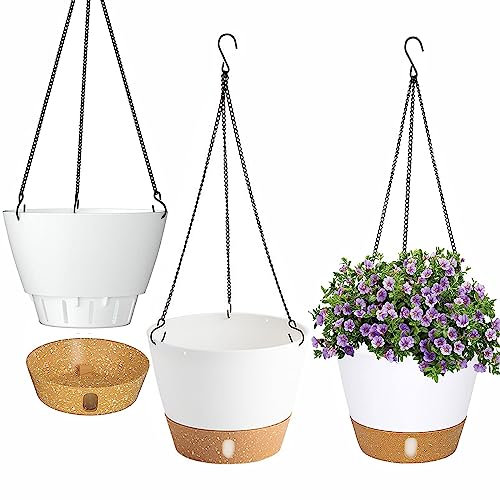 LSRVNM 3 Pezzi Vaso da Fiori Sospeso, Fioriere da Appendere, Vasi da Fiori Autoirriganti, Vaso da Appendere con Dell'Acqua Piattino Rimovibile e Foro di Drenaggio e Gancis, per Giardino, Casa, Bianco