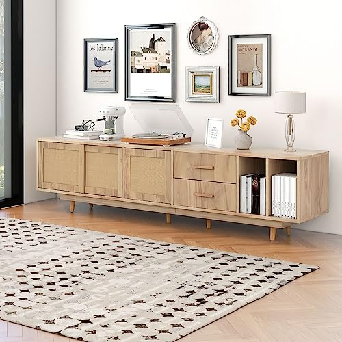 kubeier TV-Schrank mit Natural Oak Lowboard Schrank TV Tisch Sideboard Kommode Rattan-TV-Ständer für 80-Zoll-Fernseher, modernes Entertainment Center Medienkonsole