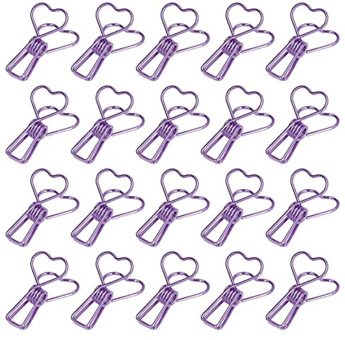HERCHR 20 Stück Binder-Büroklammern, Herzförmige, Ausgehöhlte Metall-Binderklammern, Multifunktionale Beutel-Verschlussklammern Für Papierkram, Zuhause, Schule(violett)