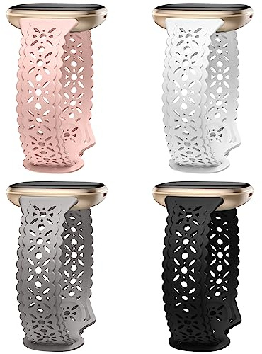 Charlam 4 Pack Lace Ersatzarmband Kompatibel für Fitbit Versa 3/ Versa 4/ Fitbit Sense/Sense 2 Armband, Weiche Silm Hohl-Out Sport Uhrenarmband Ersatz Armbänder für Frauen Mädchen