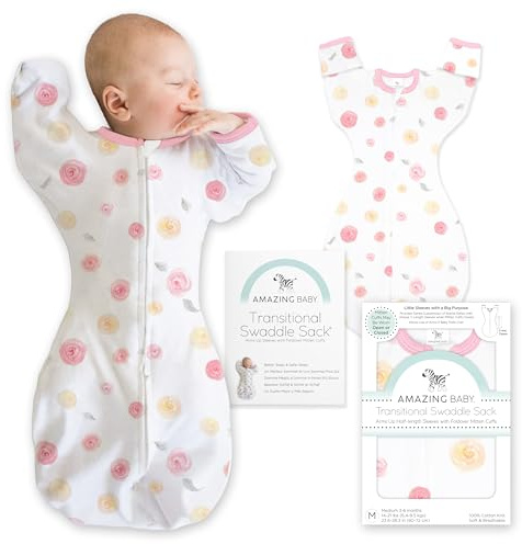 Amazing Baby Transitional Swaddle Sack, Baby Swaddles for Newborn with Arms Up Half-Length Sleeves & Mitten Cuffs, Sleep Sack Wearable Blanket, M (6.4-9.5 kg), 3-6 months, Watercolor Little Roses