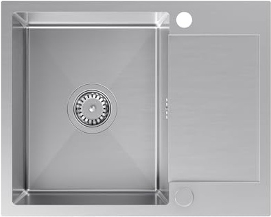 VBChome Inbyggd diskbänk rostfritt stål 60 x 48 cm – borstat, stort handfat med dräneringsbräda, 2 kranhål, vattenlås ingår, diskbänk för 45 cm underskåp, diskbänk för kök