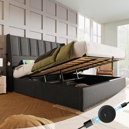 MYBOO Polsterbett 180x200, Einzelbett Hydraulisch Stauraumbett mit USB/Typ-C Ladeanschlüsse und Großer Stauraum, Bett mit Lattenrost, Funktionsbett Jugendbett Bettgestell, Leinen, Grau, Ohne Matratze