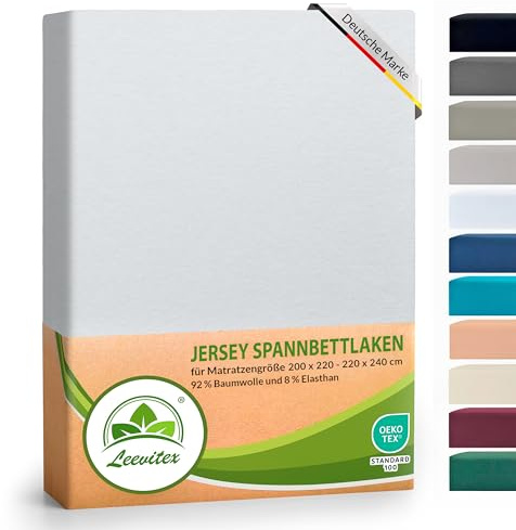 leevitex® Luxus Elasthan Jersey Spannbettlaken | 200x220 – 220x240 cm | Multistretch | 250 g/m² | 92% Mako-Baumwolle 8% Elasthan | 40cm Steghöhe | außergewöhnlich hochwertige Ausführung | Weiß