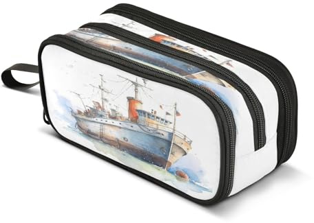 Mnsruu Boat Painting Large Capacity Pencil Case 3 Compartment Pouch Holder School Supplies Boys Girls