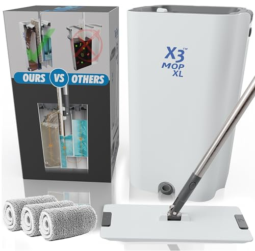 X3 Mopa XL, Separa el Agua Sucia y Limpia, diseño de 3 cámaras, Juego de fregona Plana y Cubo, Limpieza Manos Libres del Piso del hogar, 3 Almohadillas de Microfibra Reutilizables Incluidas
