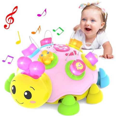 Baby Crawling Toys 6-12 Months,Musical Ladybug Crawling Toy for Infants 0-3-6 7 8 9 10 12-18 Months,Early Education Light Up Music Walking Toys,Shape Matching,Tummy Time Toys for Boy Girl Gift.(Pink)