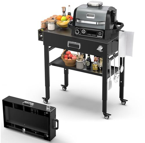 28 and 34 Upgrade Height & Quick-Fold Portable Grill Cart for Ninja Woodfire (OG700 Series), Blackstone 17/22 Griddle, Pizza Oven – Outdoor Ninja Grill Stand with 4 Swivel Wheels