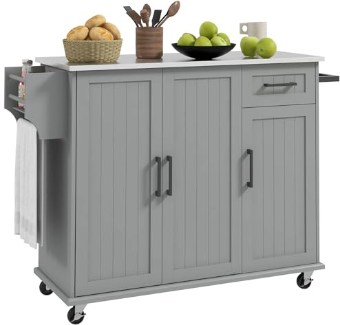 HOMCOM Kitchen Island Cart with Storage, Rolling Kitchen Island on Wheels with Drawer, 3 Cabinets, Stainless Steel Countertop, Spice Rack and Towel Rack, Gray