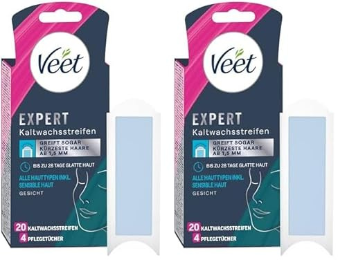 Veet Expert Kaltwachsstreifen Gesicht - Wachsstreifen zur Haarentfernung für alle Hauttypen inkl. sensibler Haut - 10 Doppelstreifen : 20 Streifen (Packung mit 2)