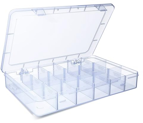 G4GADGET 18-Grid Clear Plastic Storage Box – Stackable Organizer for Beads, Jewelry, Craft Supplies, Fishing Tackle, Small Items – Durable Compartment Container