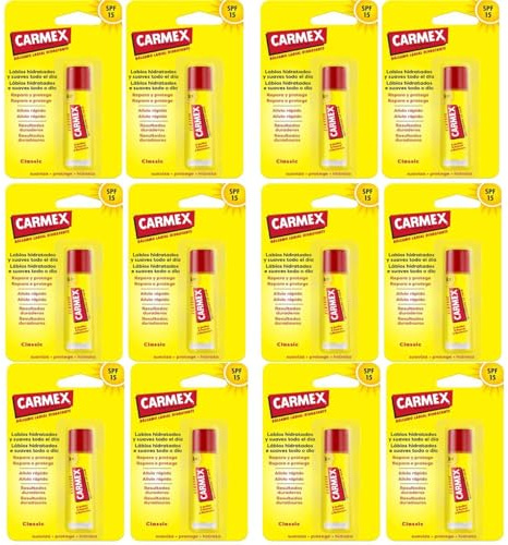 Carmex Klassischer feuchtigkeitsspendender Lippenbalsam LSF 15 12 Einheiten