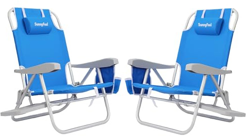 SUNNYFEEL Portable Beach Chair, Lightweight Beach Chair for Adults, Folding Camping Chair with Side Table & Organizer Bag, 3 Position Adjustable, Support 300lbs Heavy Duty, Low Back, Blue, 2 Pack