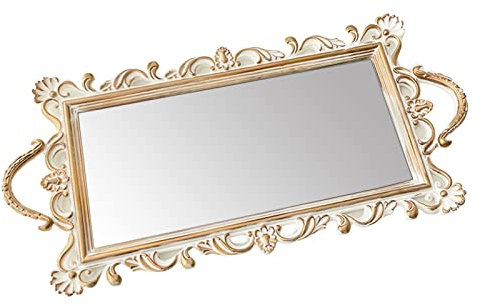 Ronyme Plateau Miroir Décoratif, Organisateur de Maquillage, Rangement de Bijoux, Plateau de Service, Blanche, 48cmx23cm