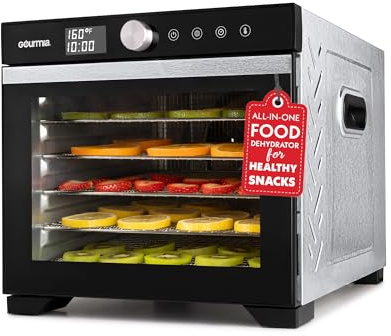 Gourmia Digital Food Dehydrator – 6 Stainless Steel Trays, 360° Airflow, One-Touch Presets, Adjustable Temp 95–165°F, Timer, Glass Door, Quiet Operation, 600W – Healthy Snacks, Jerky, Fruits & More
