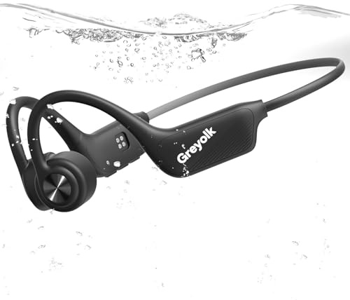 GREYOLK Swimming Headphones Bone Conduction, Bluetooth 5.3 Open-Ear Earphones, IP68 Waterproof with 32GB MP3 Player, Wireless Sports Headset for Swimming, Running, Cycling, Noise-Canceling Mic