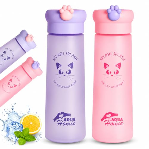 AQUA HOMIE Pack of 2 Water Bottles 530ml, Leakproof BPA Free Drinking Bottles with Cute Paw Design Lid, Kids Water Bottle for School, Sports & Gym (Pink-Purple, 530ml)