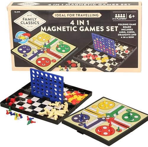4-in-1 Magnetic Travel Games Set, Folding Board with Ludo, Chess, Draughts and Connect Four, Ages 6+, 2-4 Players