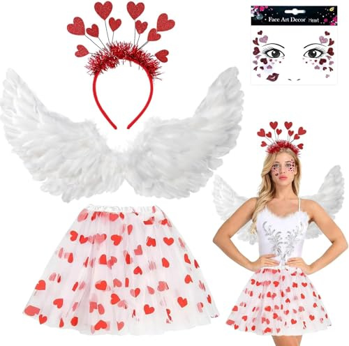 4 Stück Amor-Kostüm,80CM Engelsflügel Kostüm mit Heiligenschein Tüllrock | Karneval Kostüme Amor Set,Federflügel Engel,Herzchen Tutu,Herz Stirnband,Gesicht Aufkleber Herzen,für Valentinstag Mottoparty