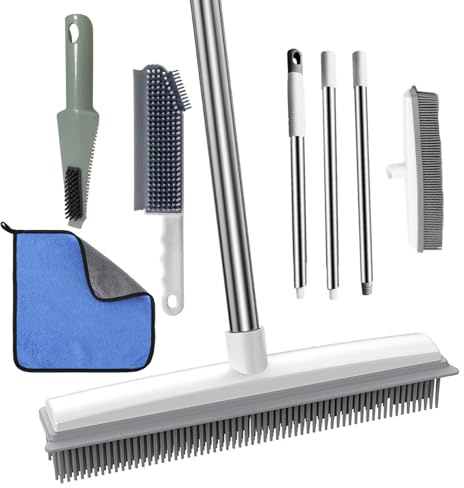 2 in 1 Rubber Broom with Squeegee Edge, Adjustable Long Handle Carpet Brush Floor Scrubing Brush for Pet Cat Dog Hair Removal Carpet Kitchen Garden Yard Window Cleaning