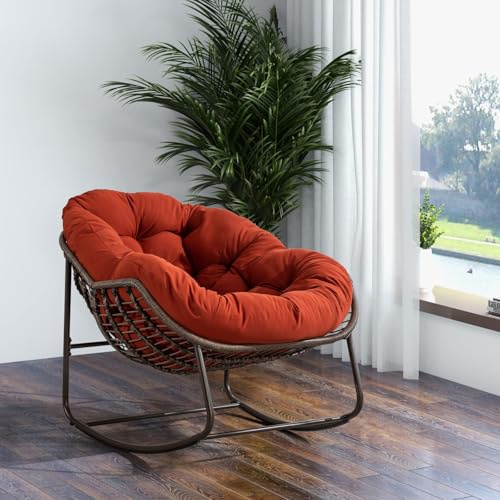 KOMHTOM Fauteuil à Bascule en Rotin d'extérieur, Fauteuil de Jardin, Rocking Chair, avec Coussin, Structure Métallique, pour Véranda, Salon, Terrasse, Jardin (Orange)