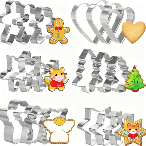 18 Pcs Christmas Cookie Cutters Set(Three Sizes, six Shapes) - Christmas Tree,Gingerbread Man,Snowflake,Santa Claus, Star and Maple Leaves Pastry Cutter/Xmas Biscuit for Baking