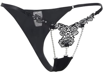 Mini String Ouvert Femme Sexy Chic Hot Ficelle Grande Taille String Ficelle Fendue Strass Broderie Bikini Tanga Dentelle Invisible sans Couture Coton Culotte Slips Tenu Thong sous Vetement XL,Noir