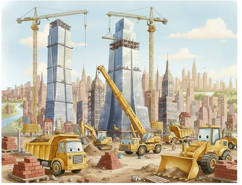madras24 Kinderzimmer Tapete, Baubagger, Baumaschinen, Baustelle, Tapeten nach Maß, selbstklebend, Kinderfototapete, selbstklebende Vliestapete