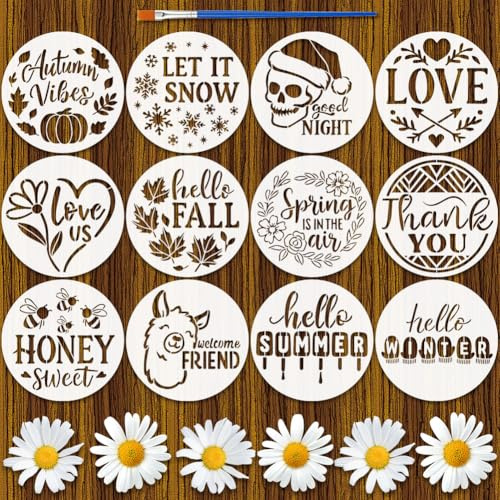 FINGERINSPIRE 12 Stück Türschild Schablonen Für Zuhause 30cm Durchmesser Große Willkommensschablonen Runde Schablonenvorlage Sweet Home Seasons Mit Pinsel Für Herbst Türhänger Hausschilder DIY Bastel