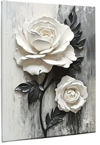 YHNDECO Framed Canvas Wall Art, White Rose 3D Floral Artwork, Canvas Prints Pictures for Kitchen Wall with Hook, Romantic Poster for Dining Room Home Decorations 30 x 40 cm