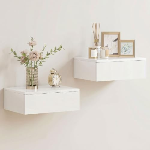 HOMCOM Nachttisch hängend 2er Set mit Schublade 40 x 30 x 14 cm Weiß | Schwebender Nachtschrank, Nachtkästchen Wandmontage, Modern Hochglanz-Nachtkommode, für Schlafzimmer Wohnzimmer