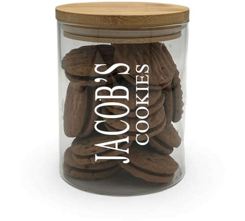 ukgiftstoreonline Personalised Cookie or Biscuit Storage Jar with Wooden Lid, Custom Name and Message, 750ml, 10cm x 12.5cm, Clear Glass, Airtight Seal