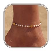 HARJJME Fußkettchen für Damen 18K Vergoldet Wasserfest Fussketten für Frauen Gold Verstellbar Boho Fußkette Gänseblümchen Perlen Fusskette Sommer Strand Fußschmuck Geschenk für Teenager Mädchen