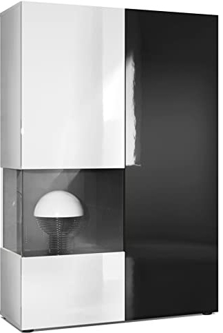 Vladon Vitrine Kommode Hochschrank Morena, Made in Germany, Korpus in Weiß matt/Rechte Tür und der Einsatz in Schwarz Hochglanz