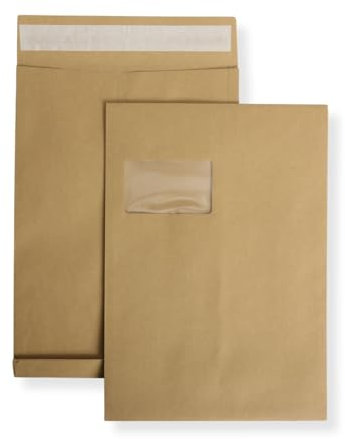 250 St. DIN C4 Faltenversandtaschen mit Fenster braun Stehboden und 20 mm Falte 130 gr. Kuvert 229x324x20 mm Haftklebend Briefumschläge HK Briefhüllen