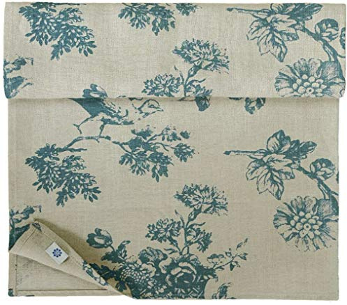 Linen & Cotton Hochwertiger Tischläufer Stoff Tischband Tischdeko Flores mit Blumen Motiv - 100% Leinen, Beige Blau (40 x 240 cm) Vintage Läufer Tisch Tischwäsche für Home Küche Esszimmer Wohnzimmer