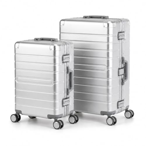 Travelhouse® Oslo M+L Koffer Trolleys ohne Reißverschluss Silber 70L+102 | 100% Aluminium, Hartschale, Zipperless Alu-Rahmen, TSA, 8 Rollen