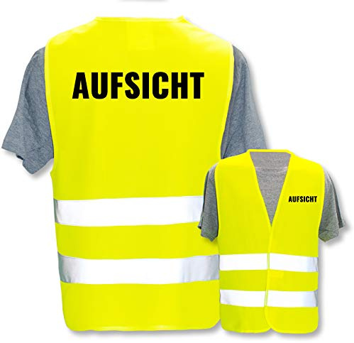 Bedruckte Warnwesten mit ISO-Leuchtstreifen * Standard- oder Reflex-Druck * Thema Kinder & Schule, Warnweste Begriffe Schule:Aufsicht, Farbe + Größe:Gelb (M/L)