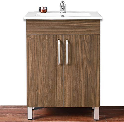 Xinyang Meuble de Salle de Bain Blanc，Meuble Lave-Mains sur Pied chêne Brun avec lavabo céramique, Meuble de Rangement Double Porte et étagères 60cm