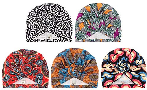 DRESHOW 5 Pezzi Donna Africana Turbante Sciarpa Avvolge Testa Boho Turbante Elastico Annodato Berretto Pre-annodato Berretto Chemio Cappello