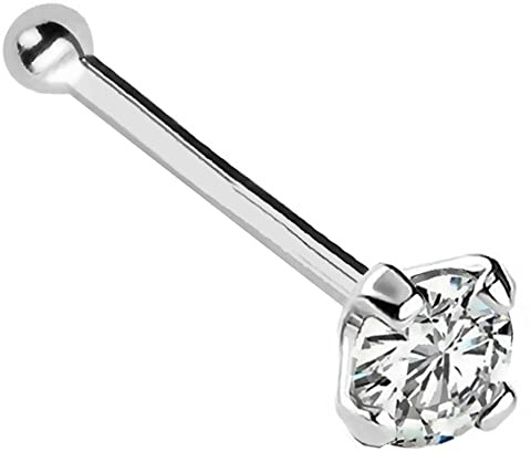 Jewelry Avalanche 22G Solid 14Kt Gold Nose Bone Stud with Prong Set real Diamond Gemstone, 14kt Yellow Gold or 14kt White Gold - April Birthstone Nose Ring-NBWG_WD-2.5MM