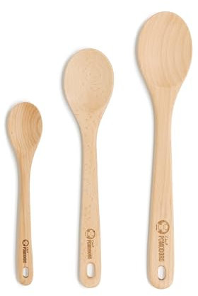 Chef Pomodoro Wooden Spoons for Cooking, Solid Beechwood Wooden Spoons Cooking Utensils, Scratch-Resistant Wooden Kitchen Spoons (12, 10.5, 8/ 30 cm, 27 cm, x 20 cm) 3-Piece Wooden Spoon Set