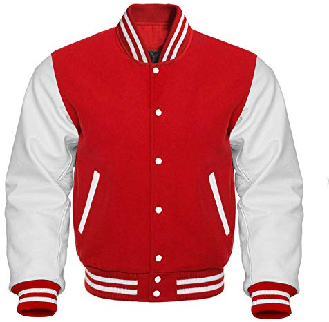 Fashion_First Giacca da uomo Varsity Bomber – Vintage College Baseball High School Nero Letterman Jacket – University Top, rosso e bianco., S