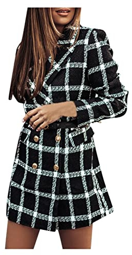 Dasongff Blazer Longue Manteau à Carreaux Femme Grande Taille Vestes Femmes Automne Blouson Fleuri Revers Manteaux Femmes Longs Demi-Saison Caban Long Outwear Coat Veste Manteaus Hiver