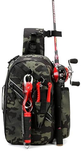 Blackpeanut Wasserdichter Angel-Rucksack, multifunktionale Umhängetasche, kompakter Angelrucksack, mit Halterung für Angelruten, Angelzubehör, Camouflage, Grün, L, Angeltaschen