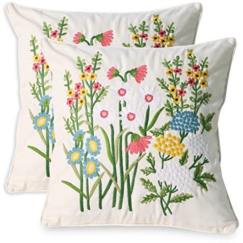 Pilmandu Set of 2 Embroidered Decorative Throw Pillow Covers 45x45cm Couch Square Pillowcases Cushion for Bedroom Sofa Farmhouse Decor (Daisy)